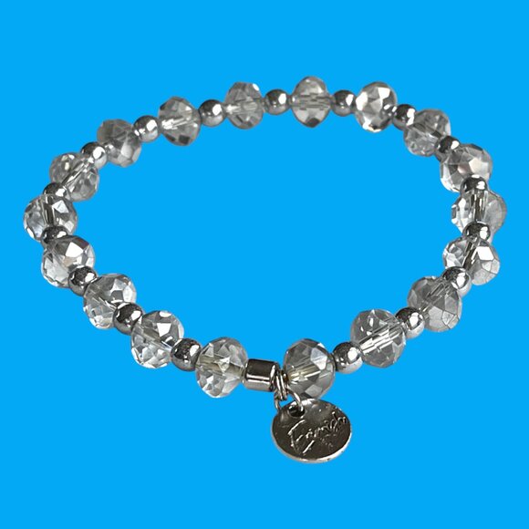 Erimish Faceted Soft Grays Beaded Bracelet Logo Tag Stackable Stretch - Picture 1 of 3